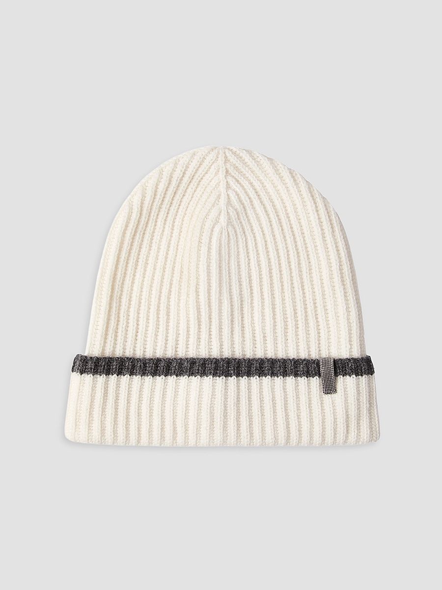Women's Cashmere English Rib Knit Beanie with Monili - Panama - Size Large