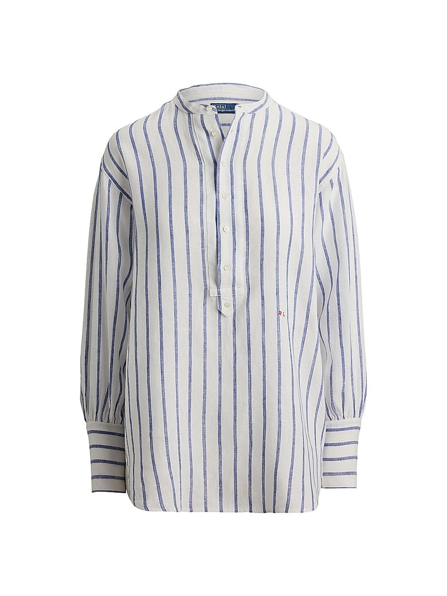 Women's Striped Linen Shirt - White Royal - Size 8