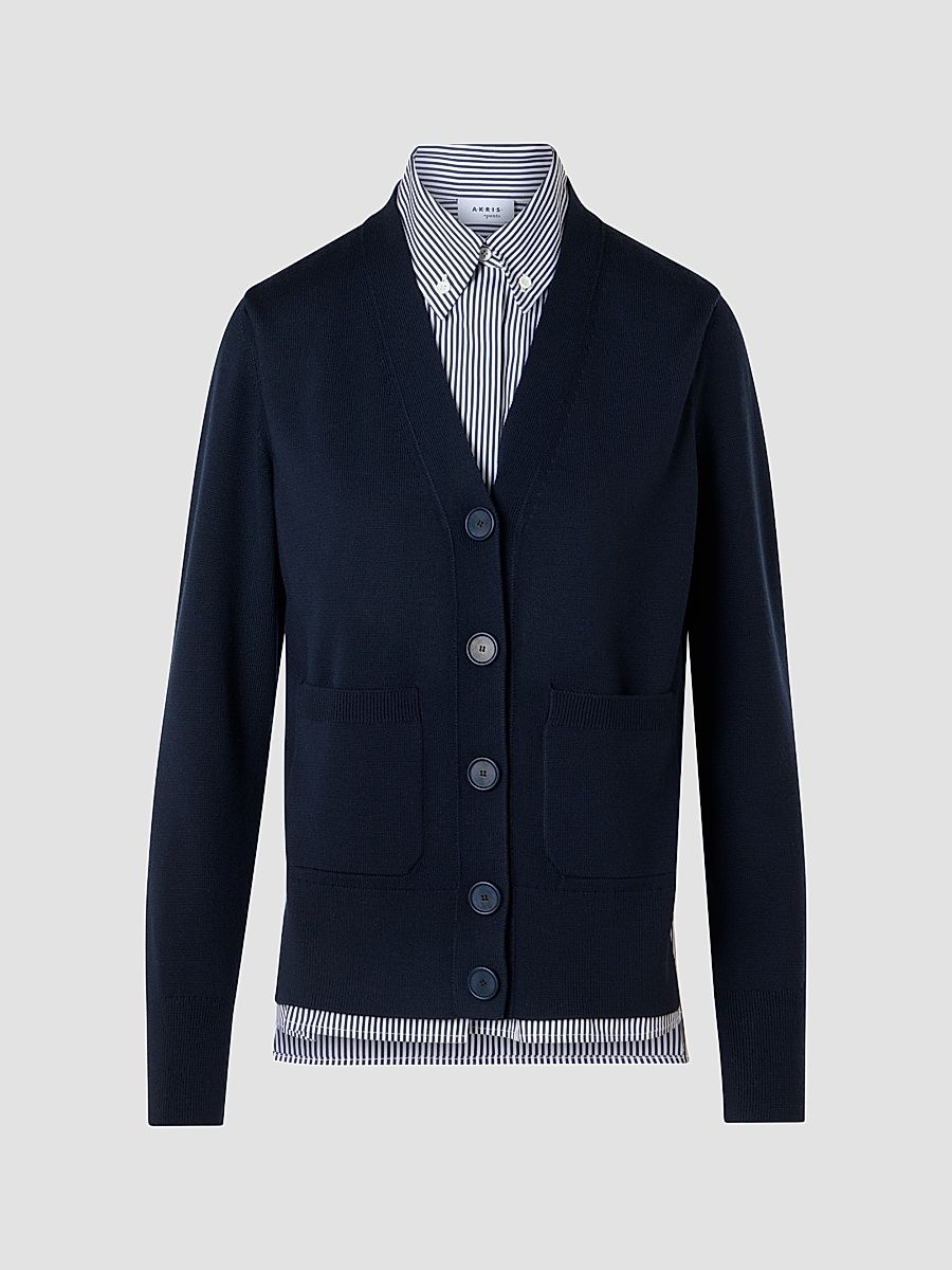 Women's Mixed-Media Wool & Cotton Cardigan - Navy Cream - Size 16