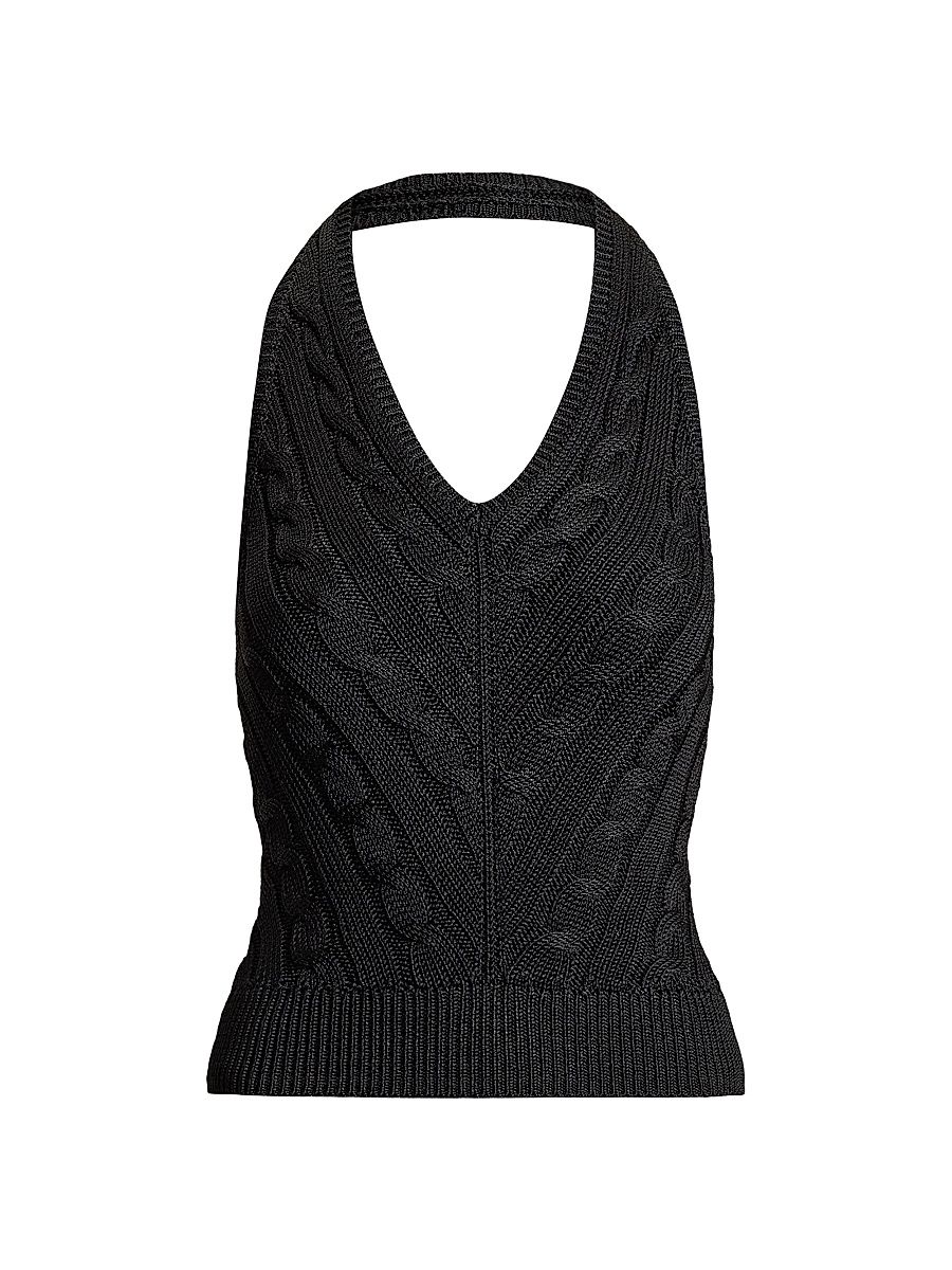 Women's Cable-Knit Silk Halter Sweater - Black - Size Large