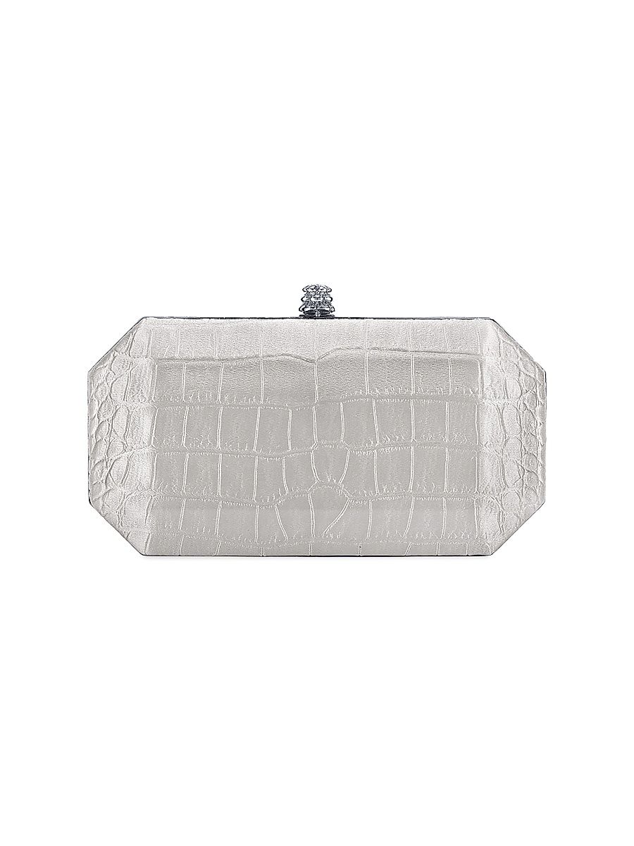 Women's Perry Clutch in Stamped Satin with Silver Hardware - Ivory