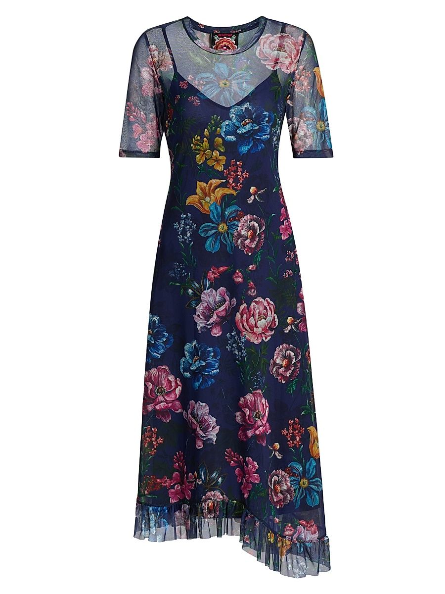 Women's Floral Mesh Asymmetric Midi-Dress - Ollie - Size XL
