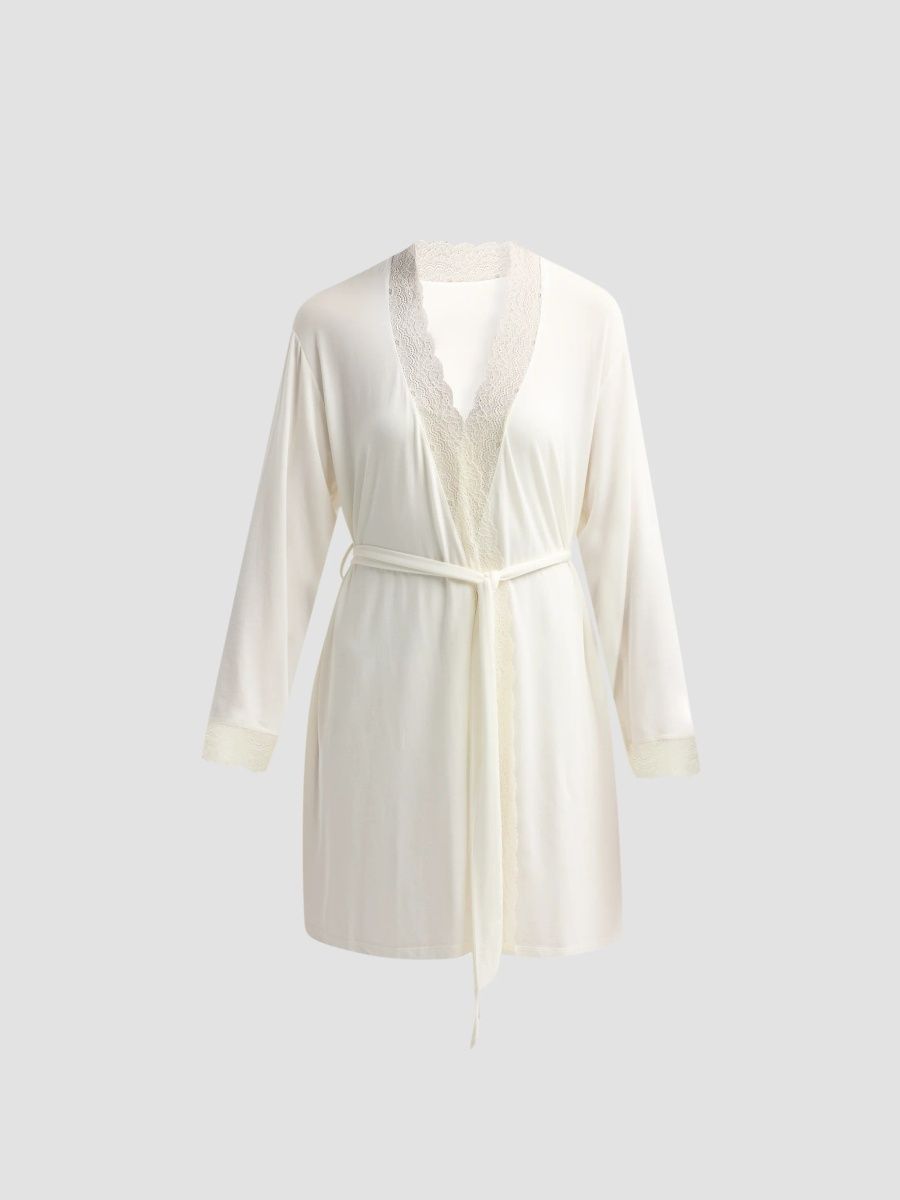 Eberjey Women's Lara Lace-Trimmed Robe - Ivory - Size XS