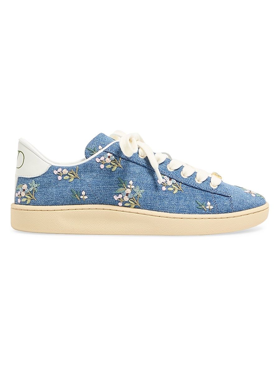 Women's Royco Denim Trainer Sneakers with Floral Embroidery - Denim - Size 5