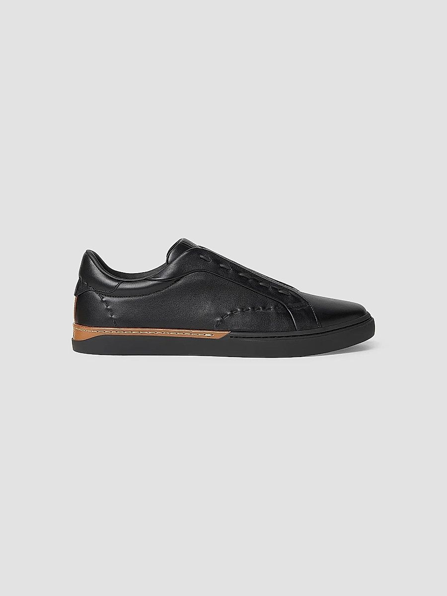 Men Vitello Leather Slip-On Sneakers - Nero Choc - Size 10