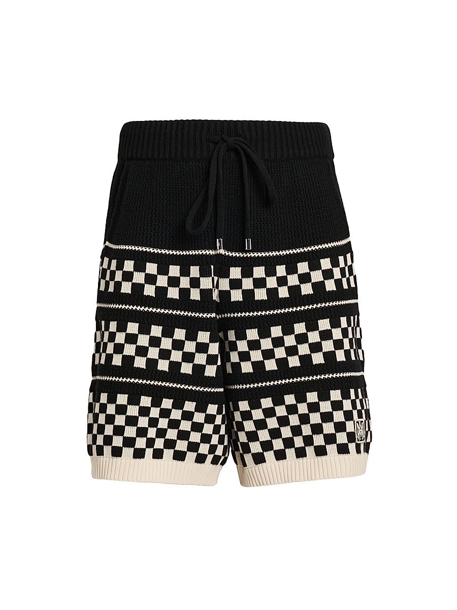 Men's Checked Wool Drawstring Shorts - Black - Size Small