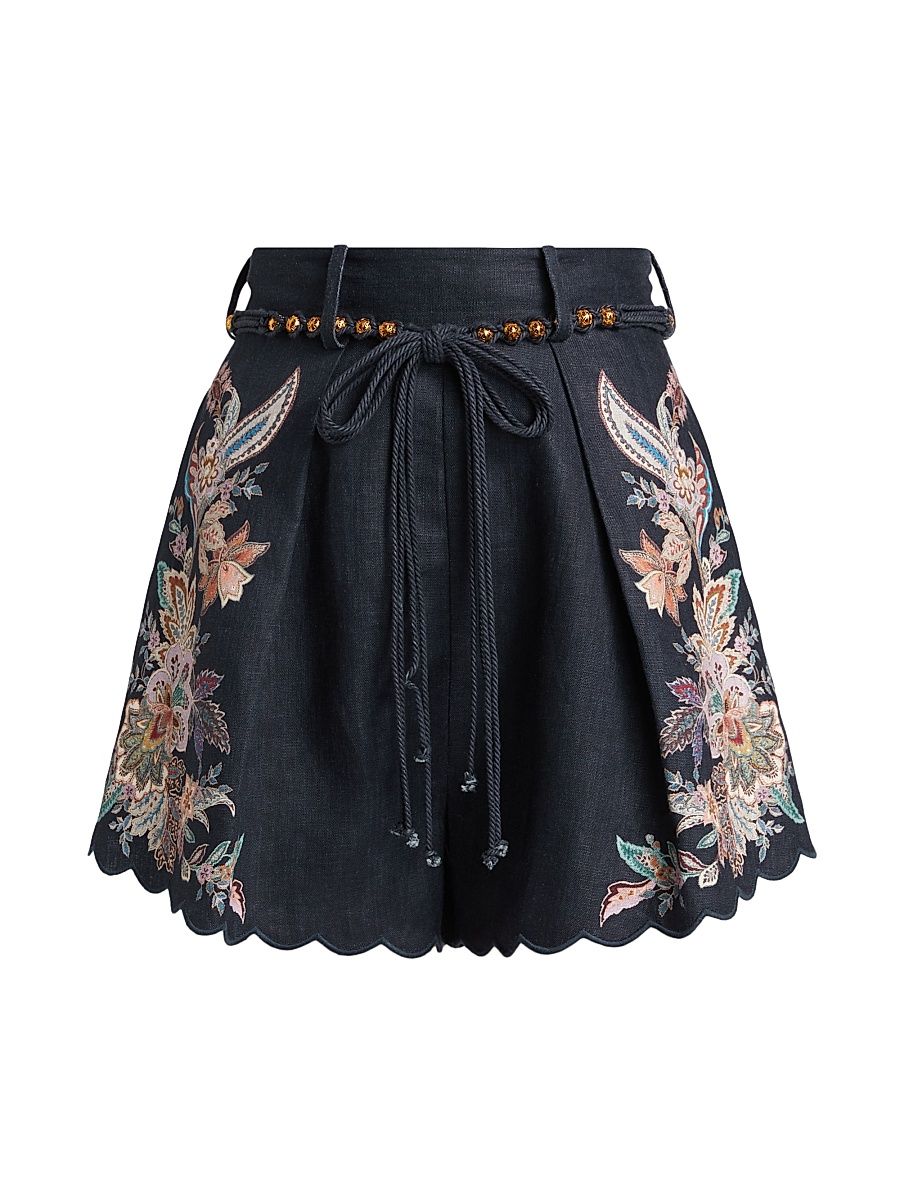 Women's Rhiannon Printed Linen Tuck Shorts - Navy Multi Paisley - Size 10