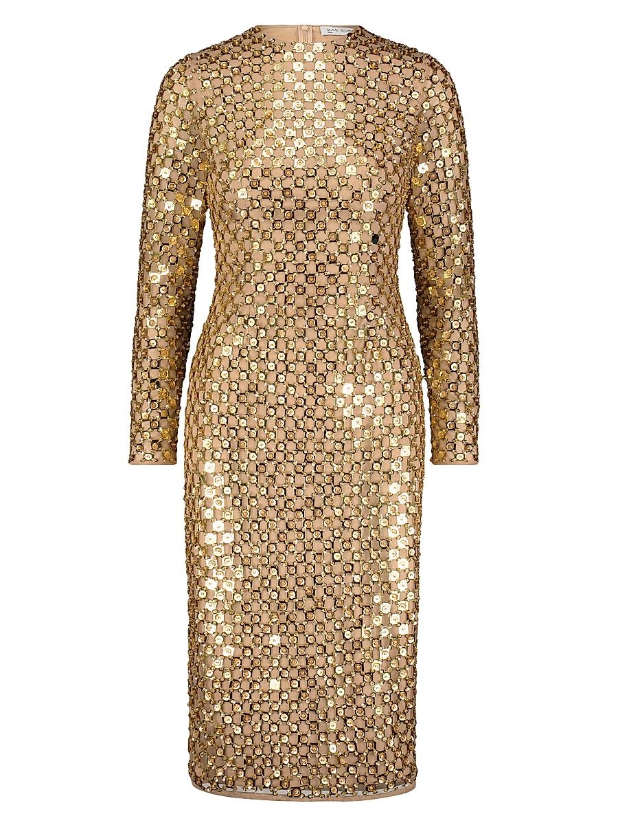 Women's Embellished Mesh Sheath Midi-Dress - Antique Gold - Size 14