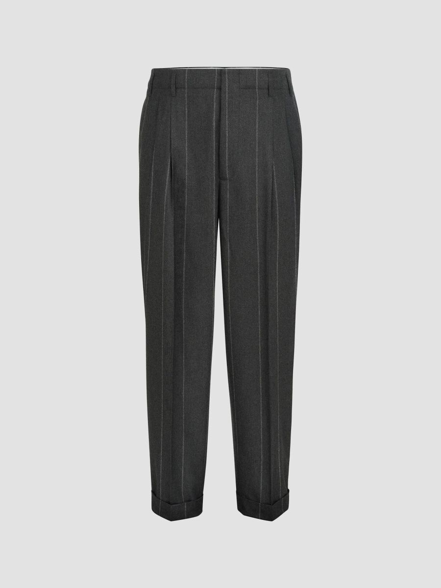 Brunello Cucinelli Men's Wool, Silk and Cashmere Chalk Stripe Flannel Trousers - Dark Grey - Size 48