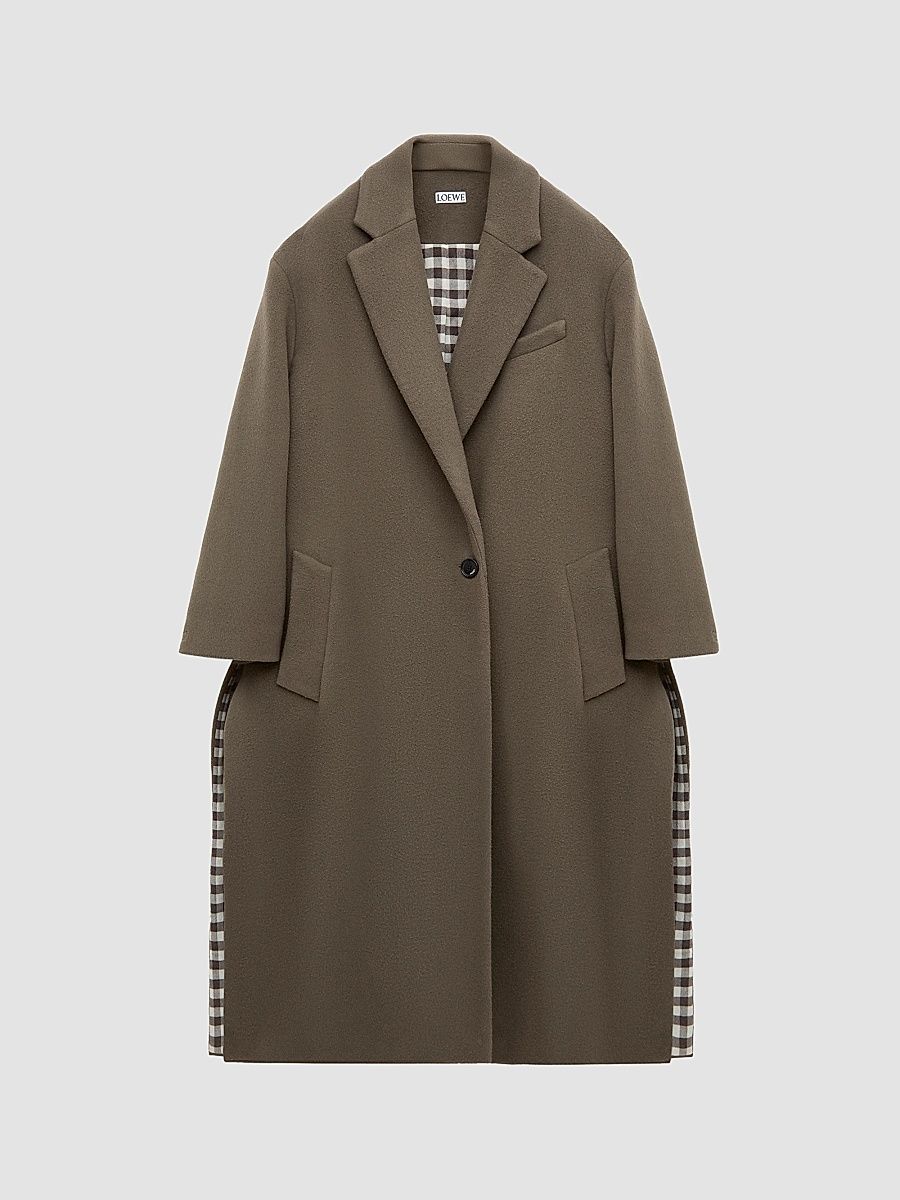 LOEWE Women's Gingham Cashmere Single-Breasted Coat - Taupe Grey - Size 4