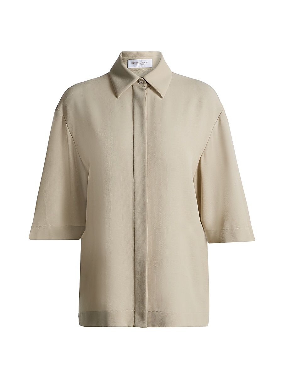 Women's Wool Crepe Short-Sleeve Camp Shirt - Almond - Size XL