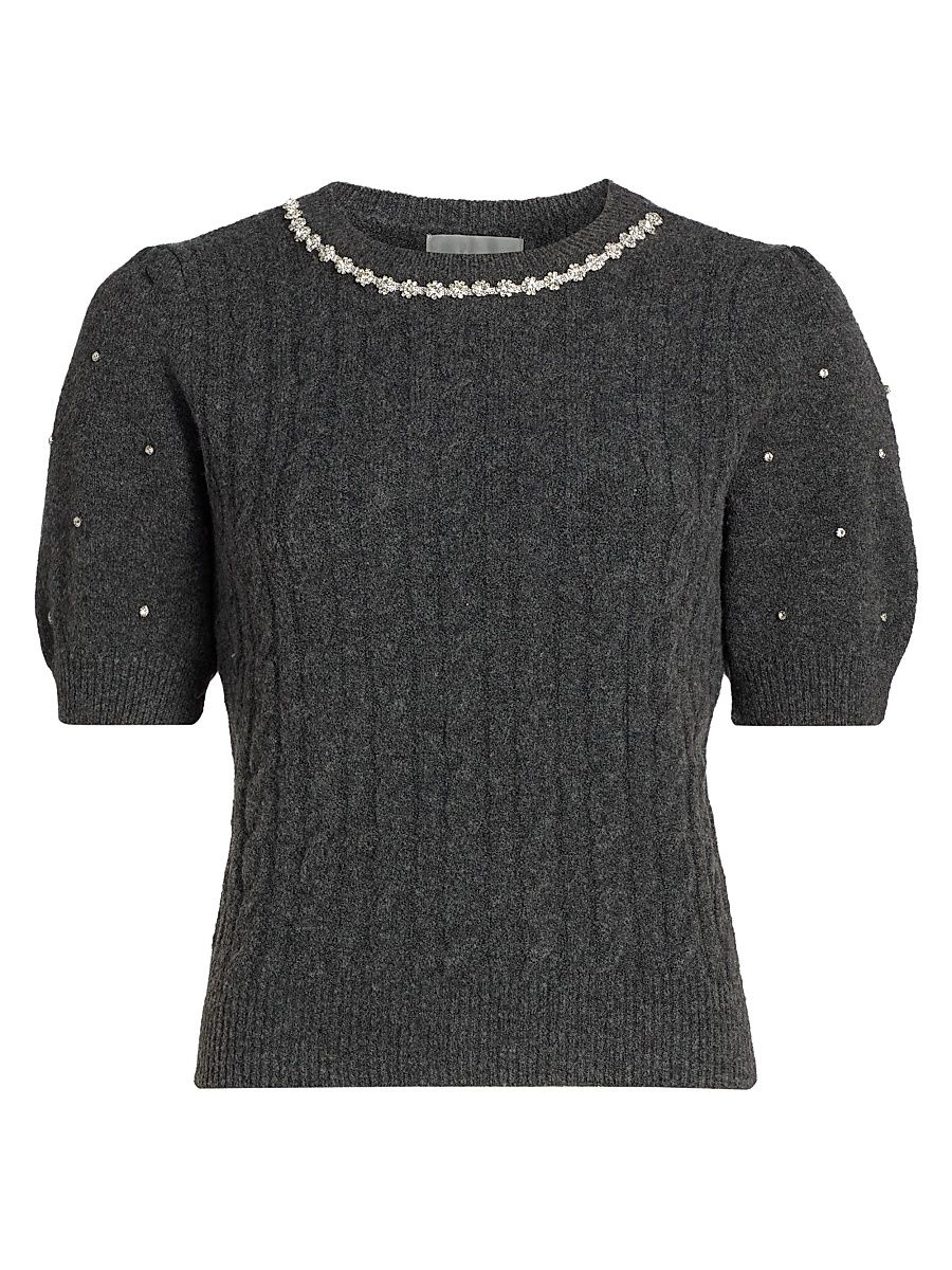 Women's Rhinestone-Embellished Cable-Knit Sweater - Summit Grey - Size Large