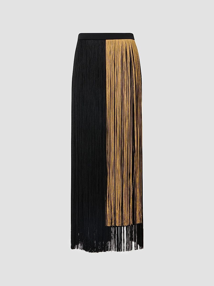 Women's Colorblocked Fringe Midi Pencil Skirt - Black Gold - Size 6