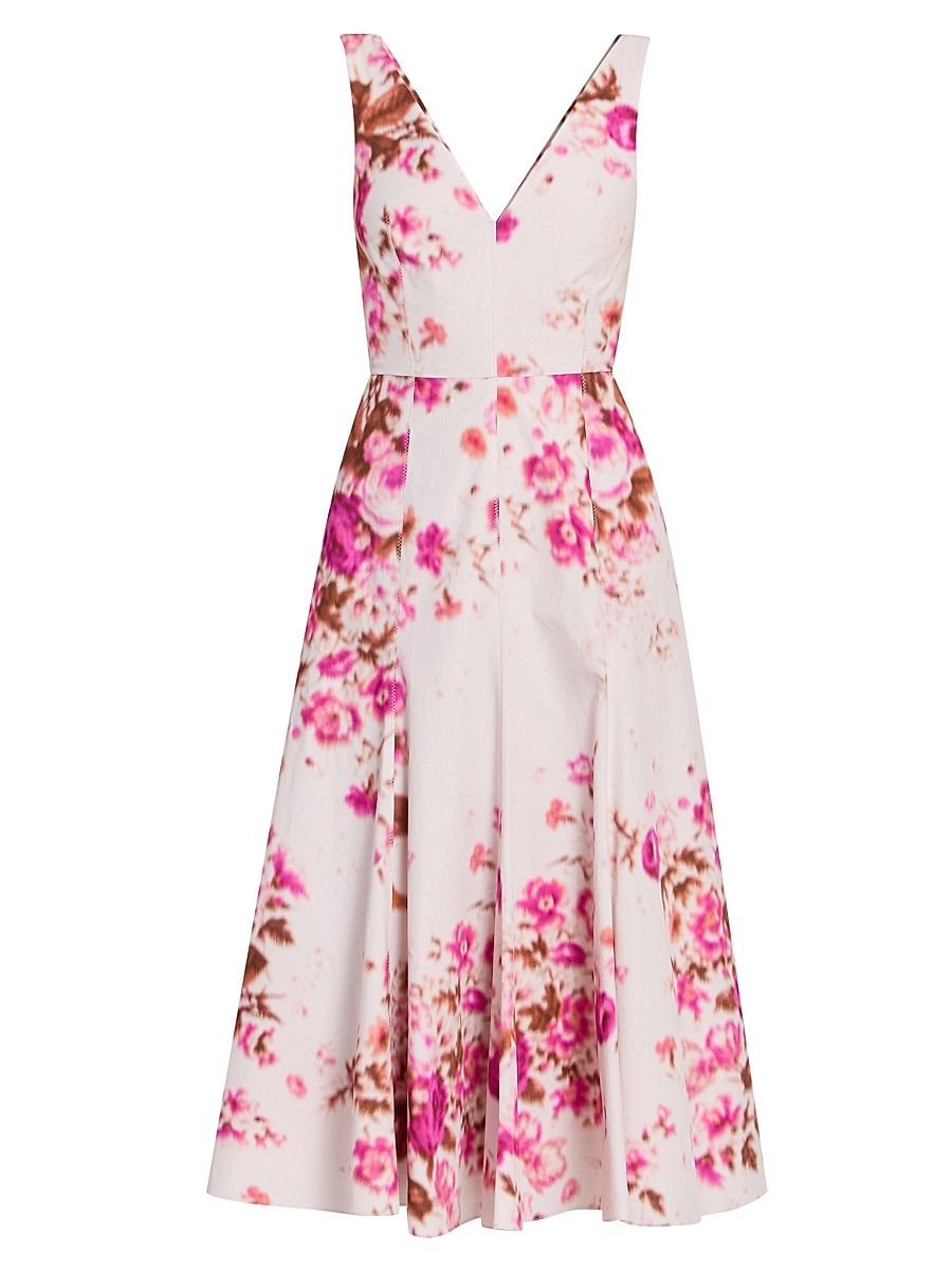 Women's Floral Print Cotton Midi-Dress - Rose Bouquet Hot Pink - Size 2