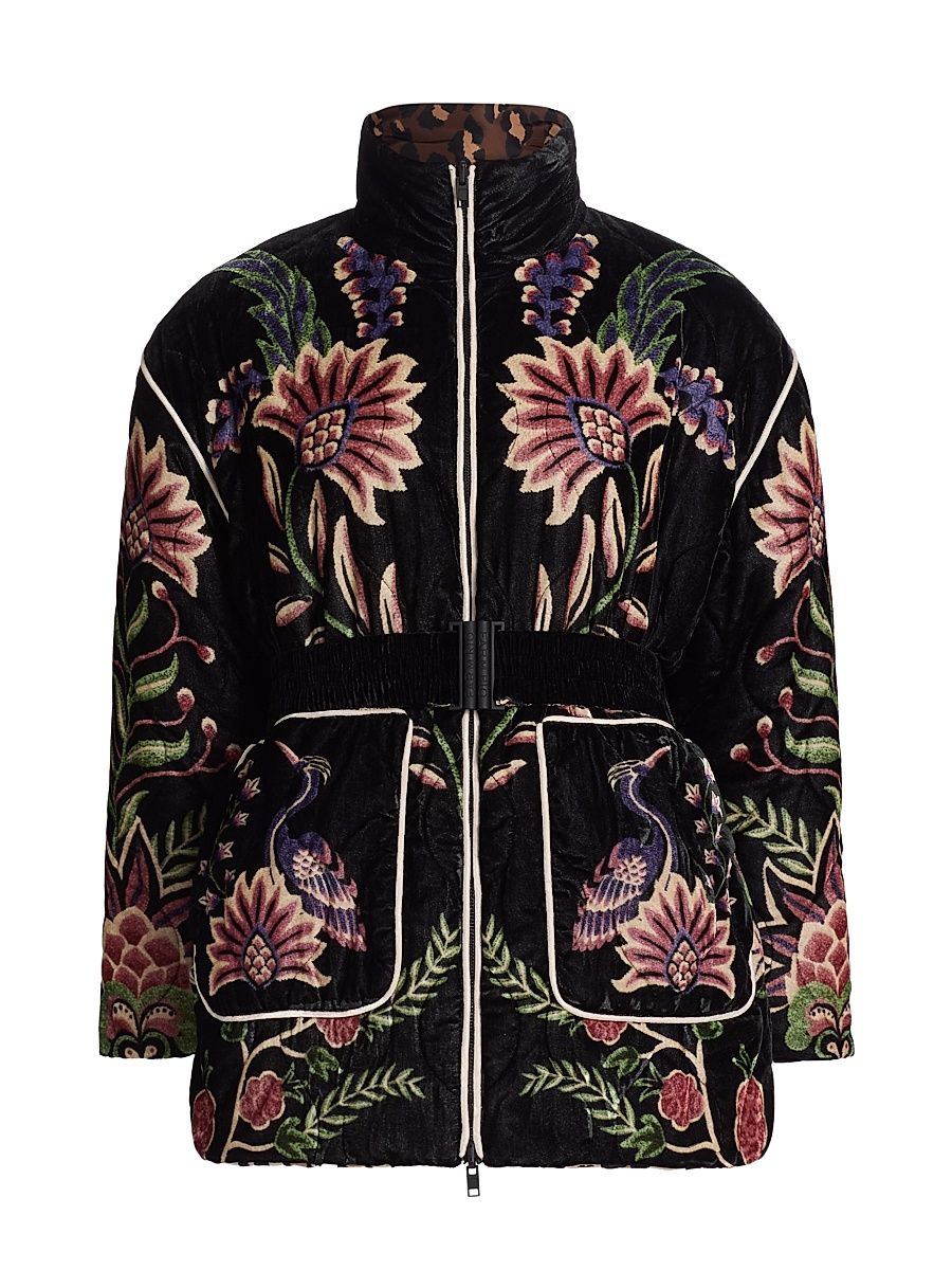 Women's Marvelous Garden Floral Velour Belted Puffer Jacket - Black - Size XL