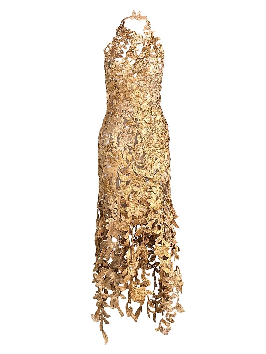 Women's Corded Floral Embroidered Halterneck Gown - Oyster - Size 10