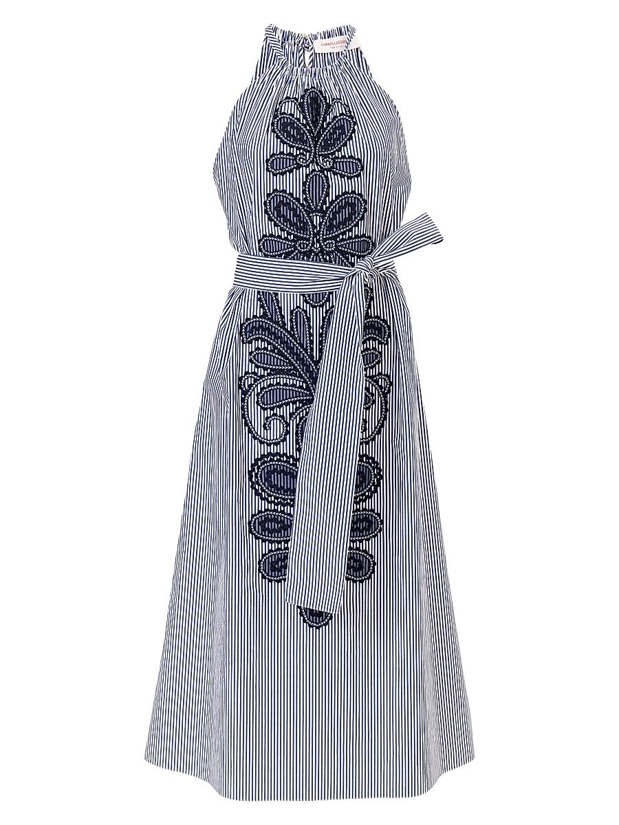 Women's Cabana Striped & Embroidered Halterneck Belted Cotton Midi-Dress - White Blue - Size 12