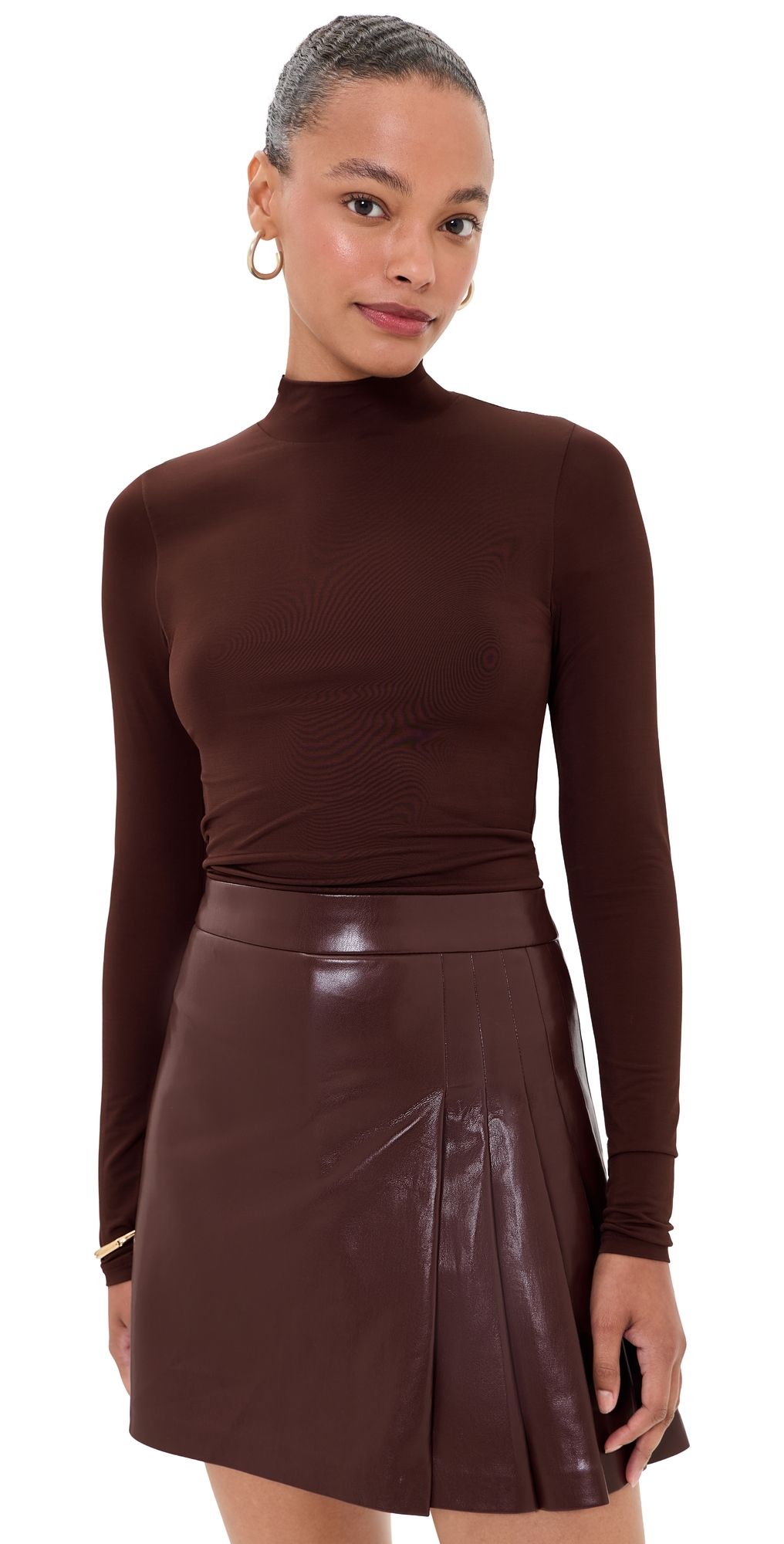ALICE + OLIVIA Chara Faux Leather Pleated Mini Dress Dark Chocolate 0