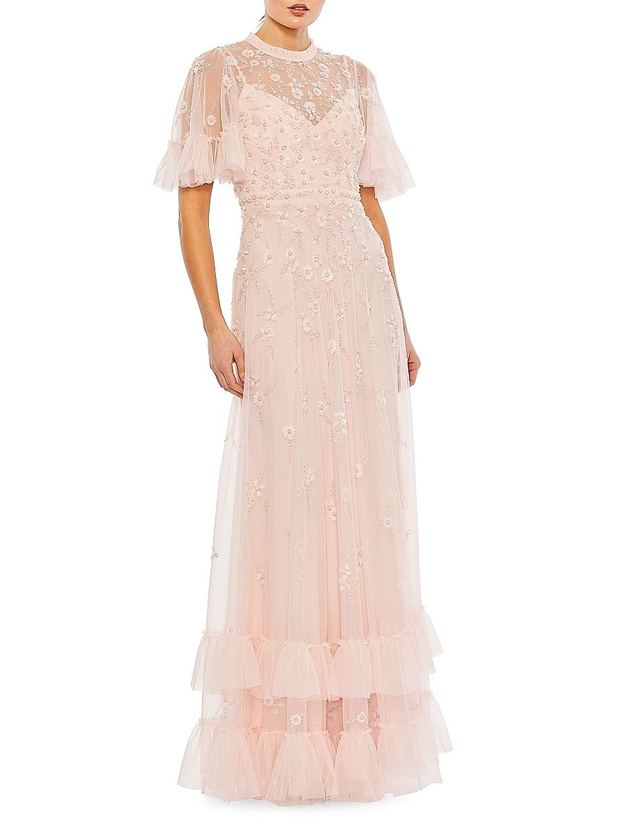 Women's Floral Sequin-Embellished A-Line Gown - Peach - Size 18