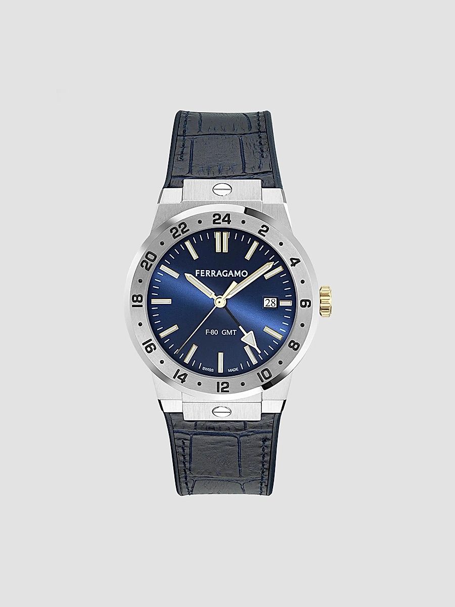 FERRAGAMO Men's F-80 Classic GMT 41MM Leather Strap Watch - Stainless Steel