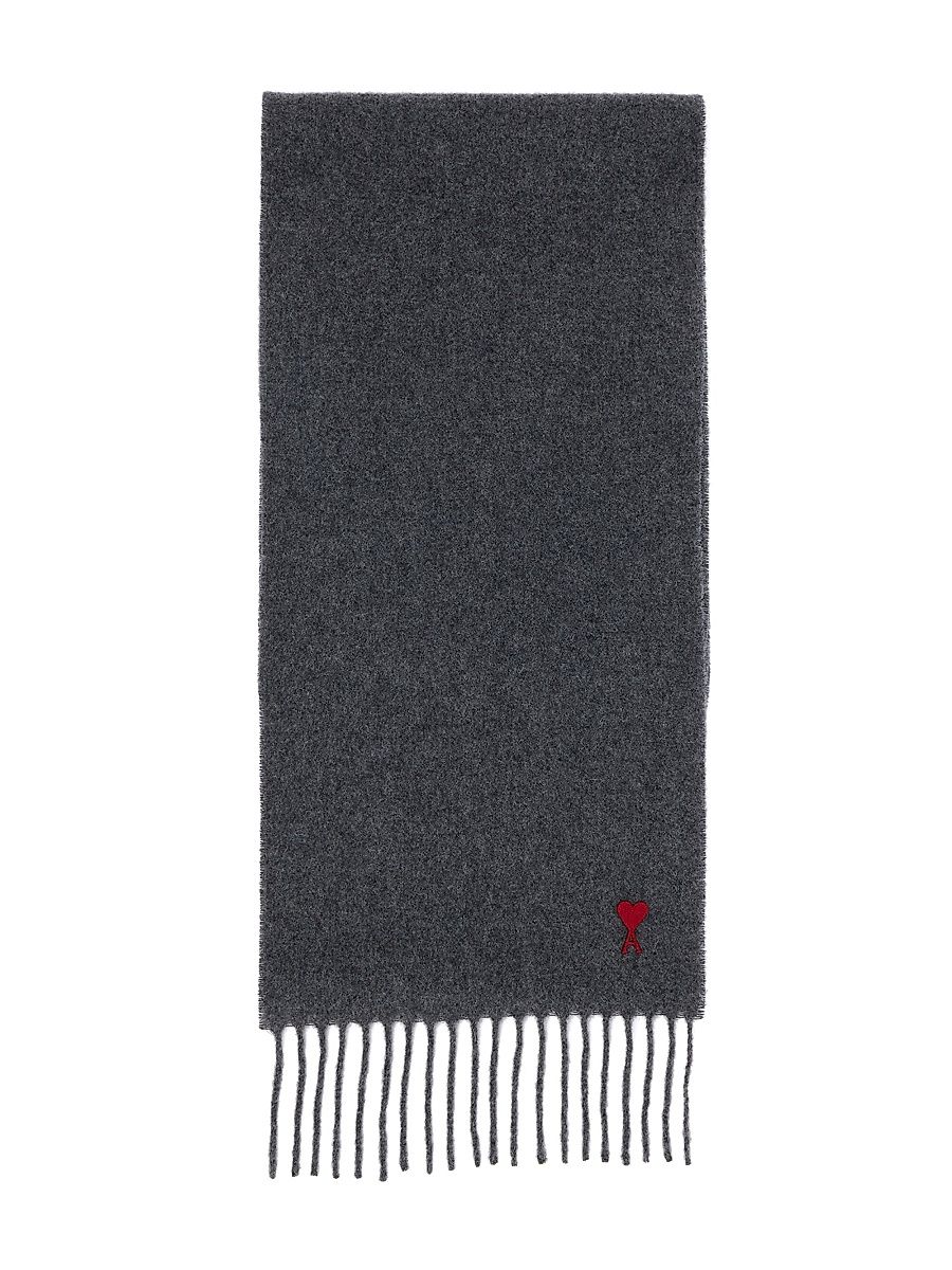 AMI Paris Unisex Ami de Coeur Wool Fringe Scarf - Dark Grey