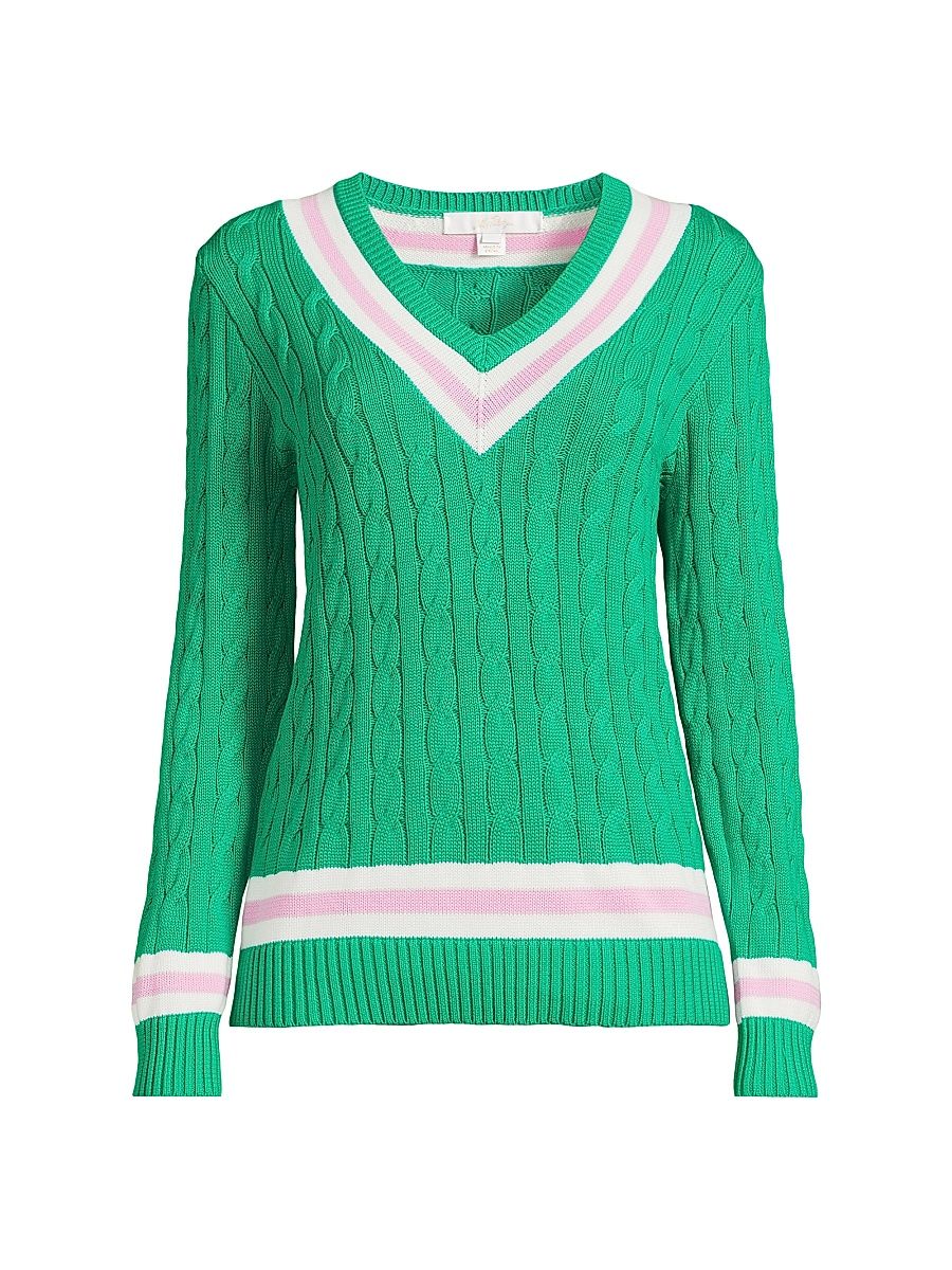 Women's Brockton Striped Cotton Cable-Knit Sweater - Kitts Green Pink Bliss - Size XL