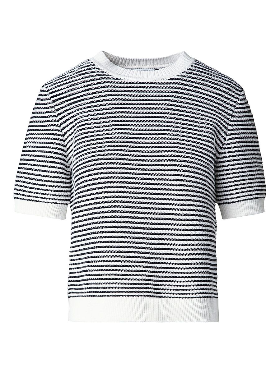 Women's Striped Knit Cotton Sweater - Black Cream - Size 2