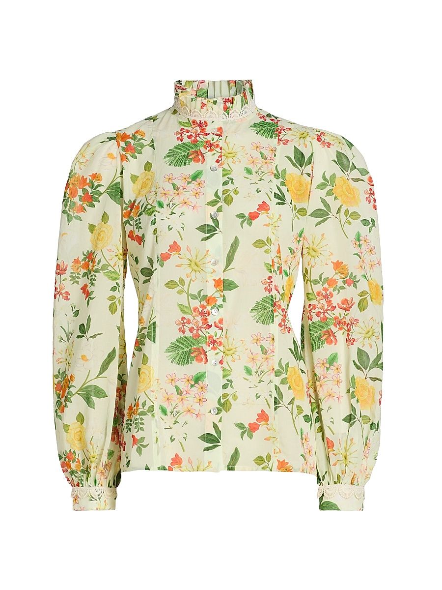 Women's Pushpanjali Floral Cotton Ruffle Collar Shirt - Ivory Mixed Floral - Size Large