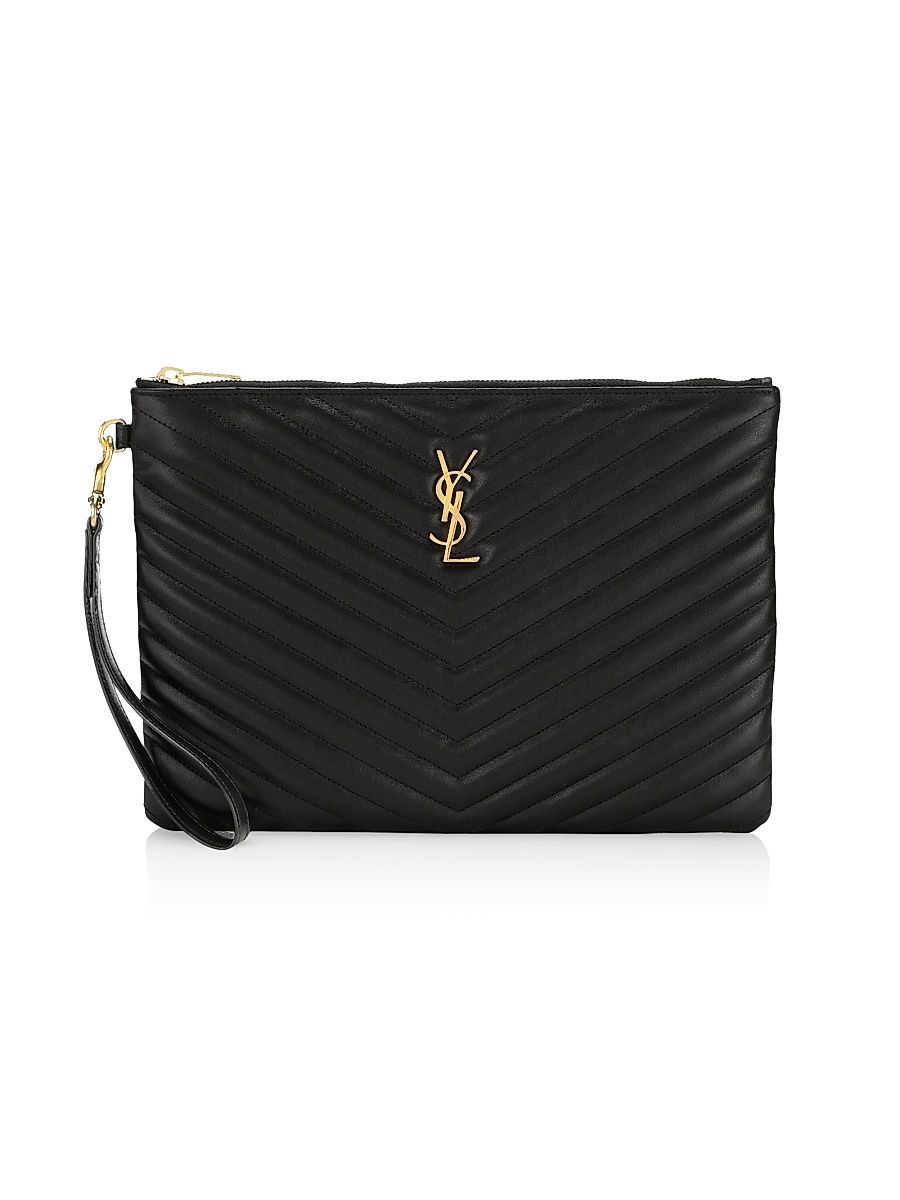 Women's Quilted Leather Monogam Wristlet - Noir