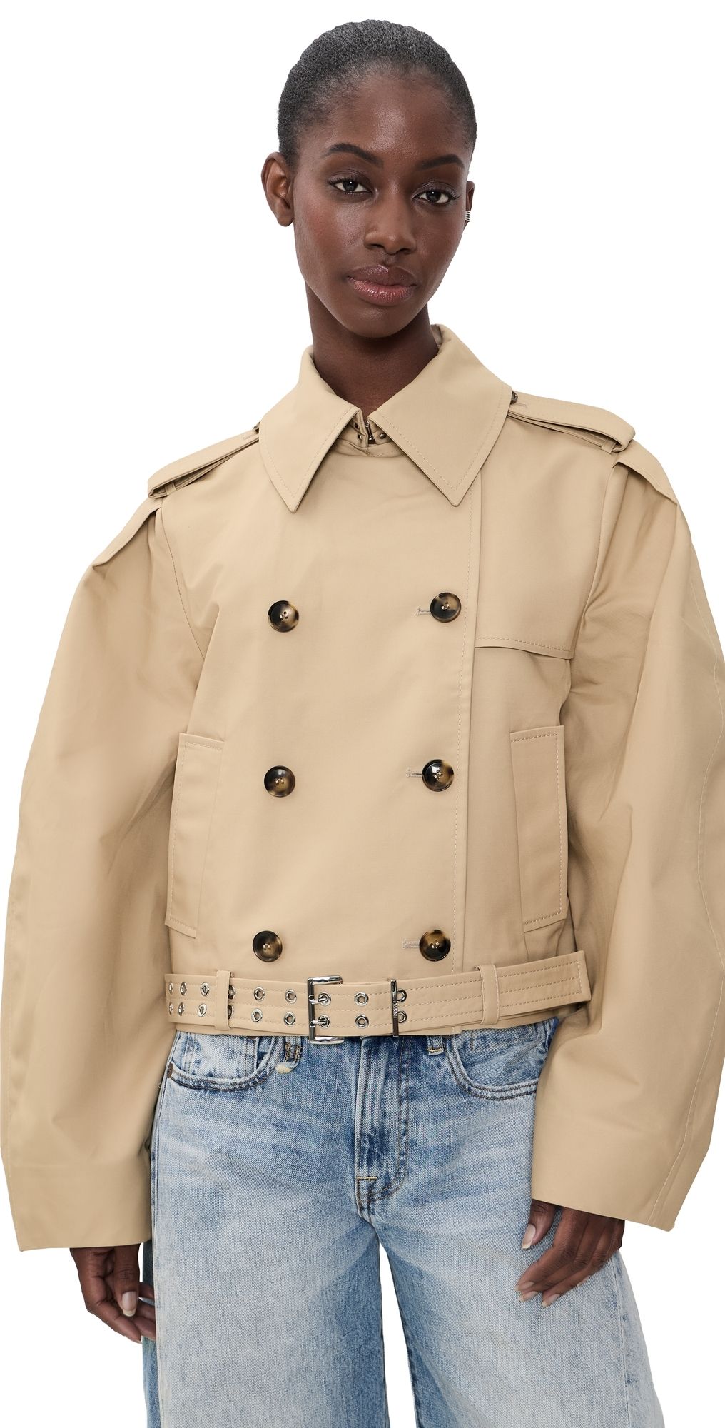 GANNI Double Cotton Belted Jacket Warm Sand 32