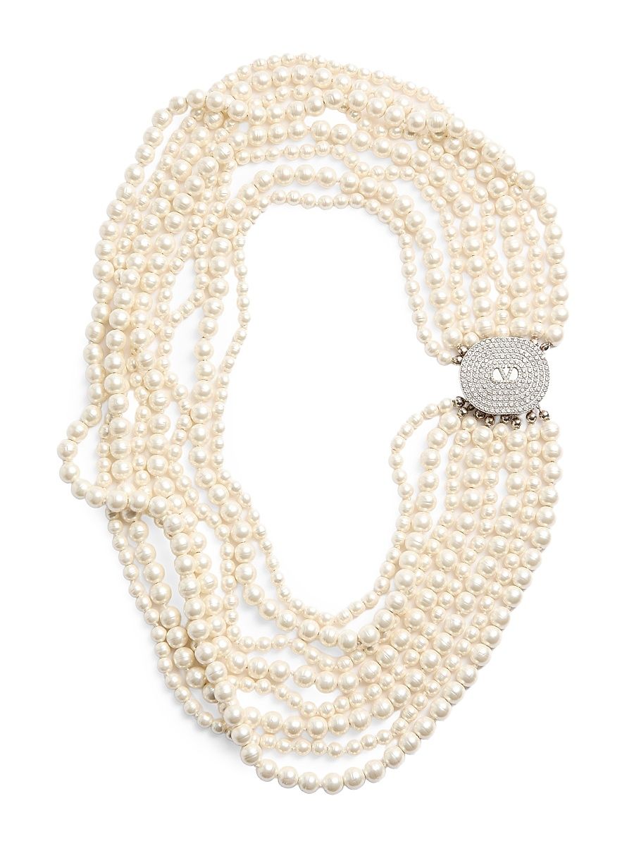 Women's Ovalette Necklace in Metal, Baroque Glass Pearls, and Swarovski Crystals - Cream Crystal