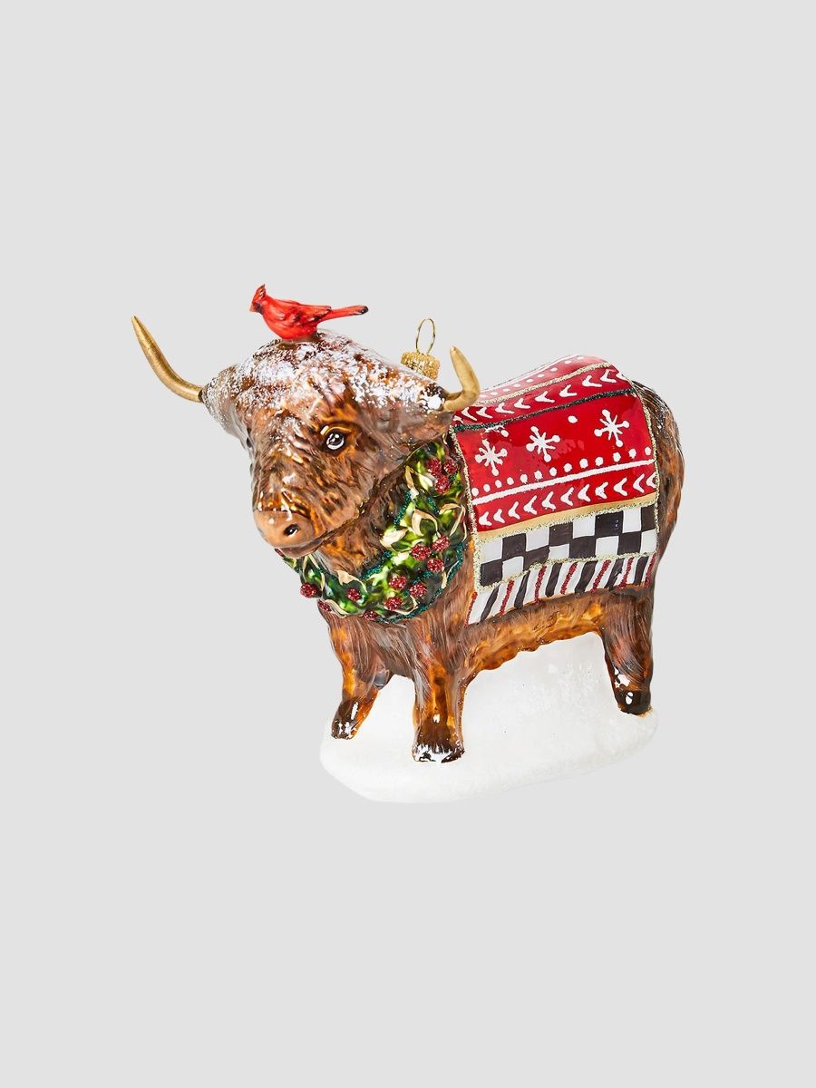 MacKenzie-Childs Cozy Christmas Highland Cow Glass Ornament