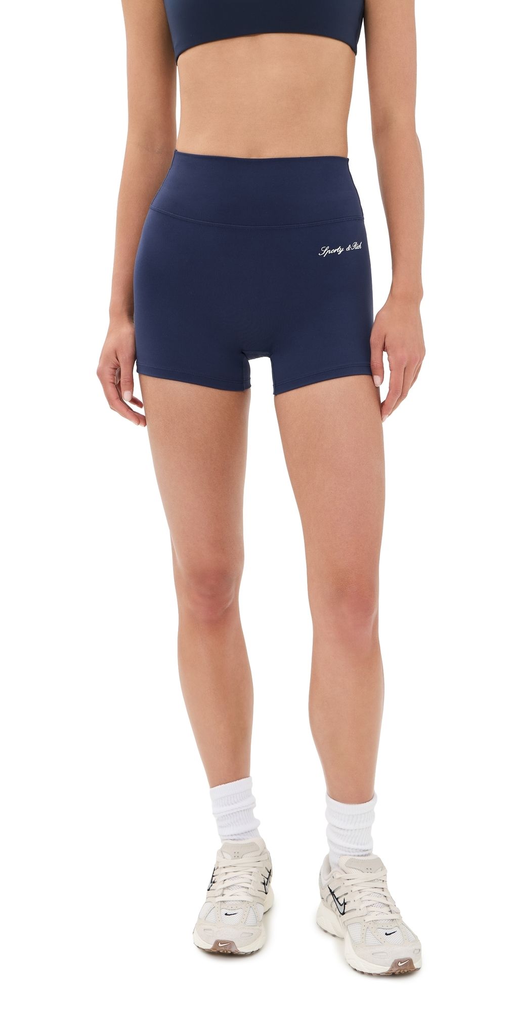 Sporty & Rich Signature Logo Mini Biker Shorts Dark Navy White XS