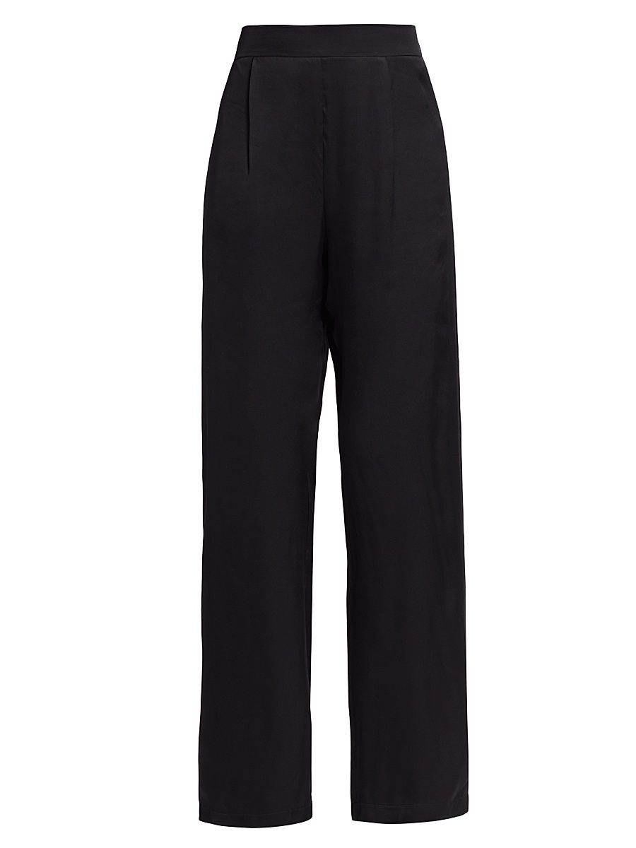 Women's Pleated Satin Wide-Leg Pants - Black - Size XL