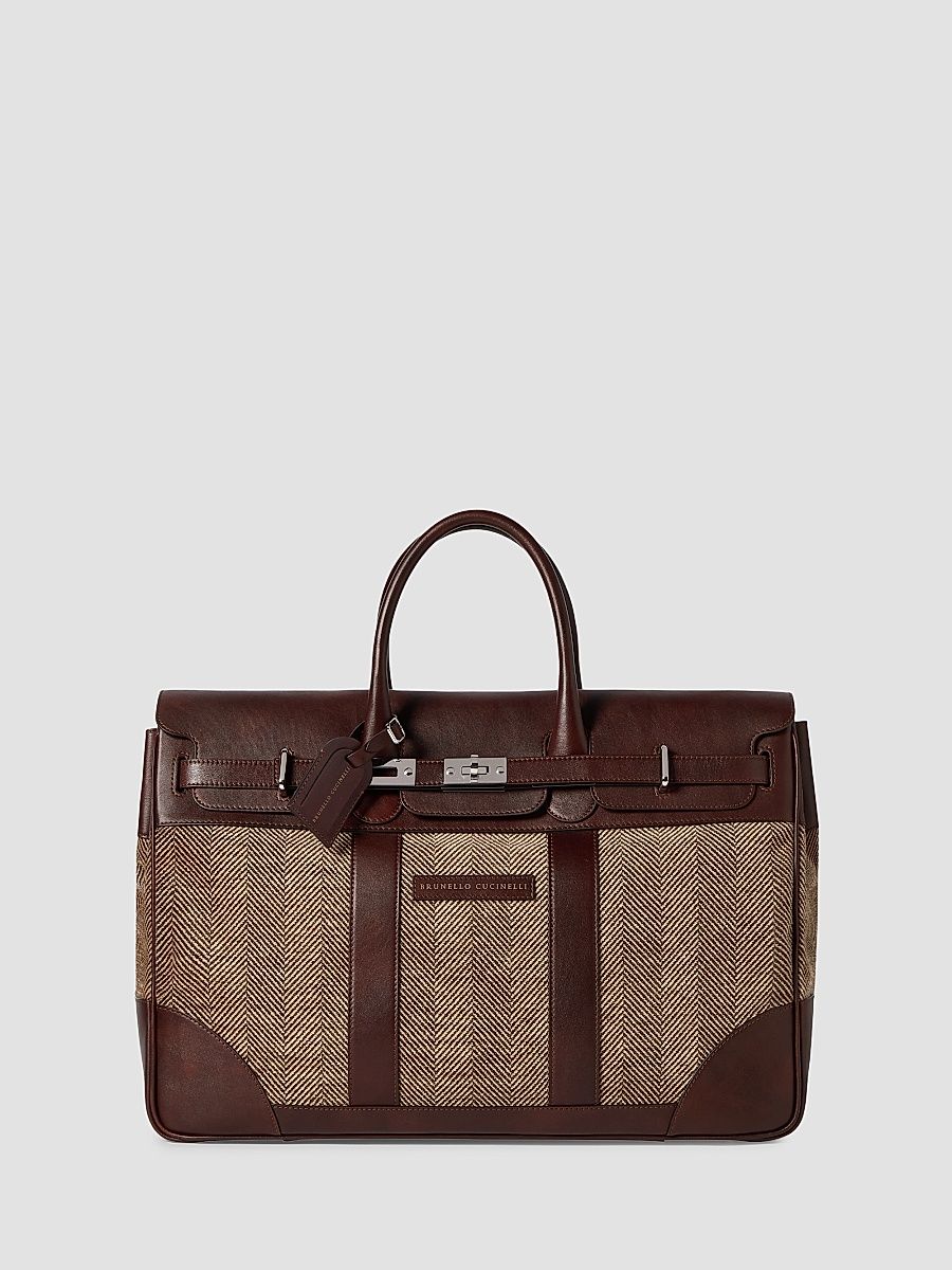 Men's Burnished Calfskin and Chevron Effect Techno Fabric Country Bag - Brown