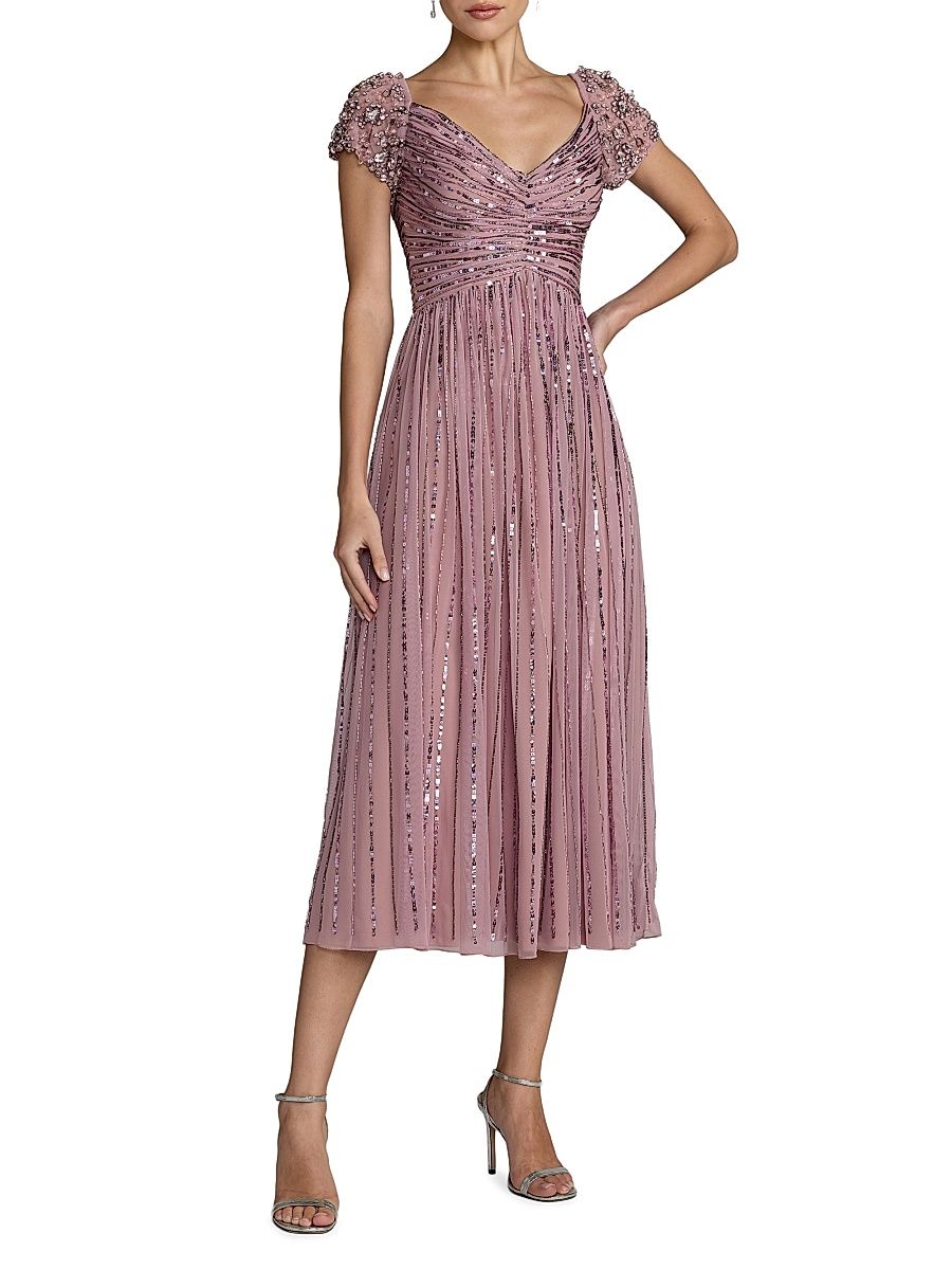 Women's Beaded Sequin Mesh Midi-Dress - Vintage Lilac - Size 4