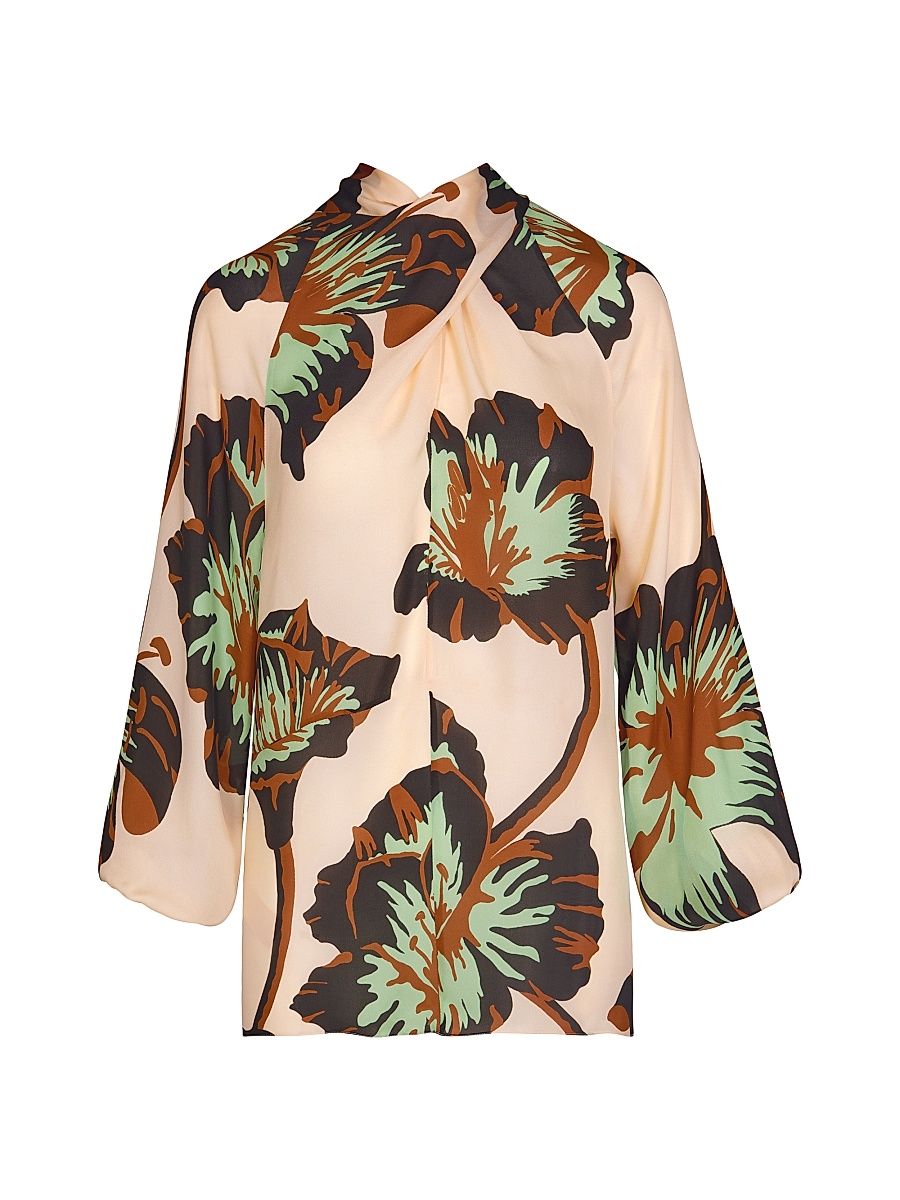 Women's Micaela Drum Beats Floral Silk Surplice Top - Ecru Rust Green Mint - Size 8