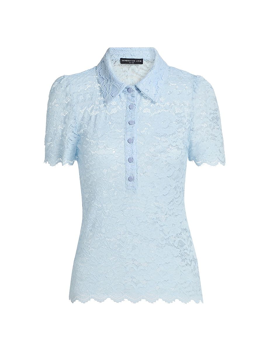 Women's Feyra Lace Slim-Fit Top - Powder Blue - Size XL