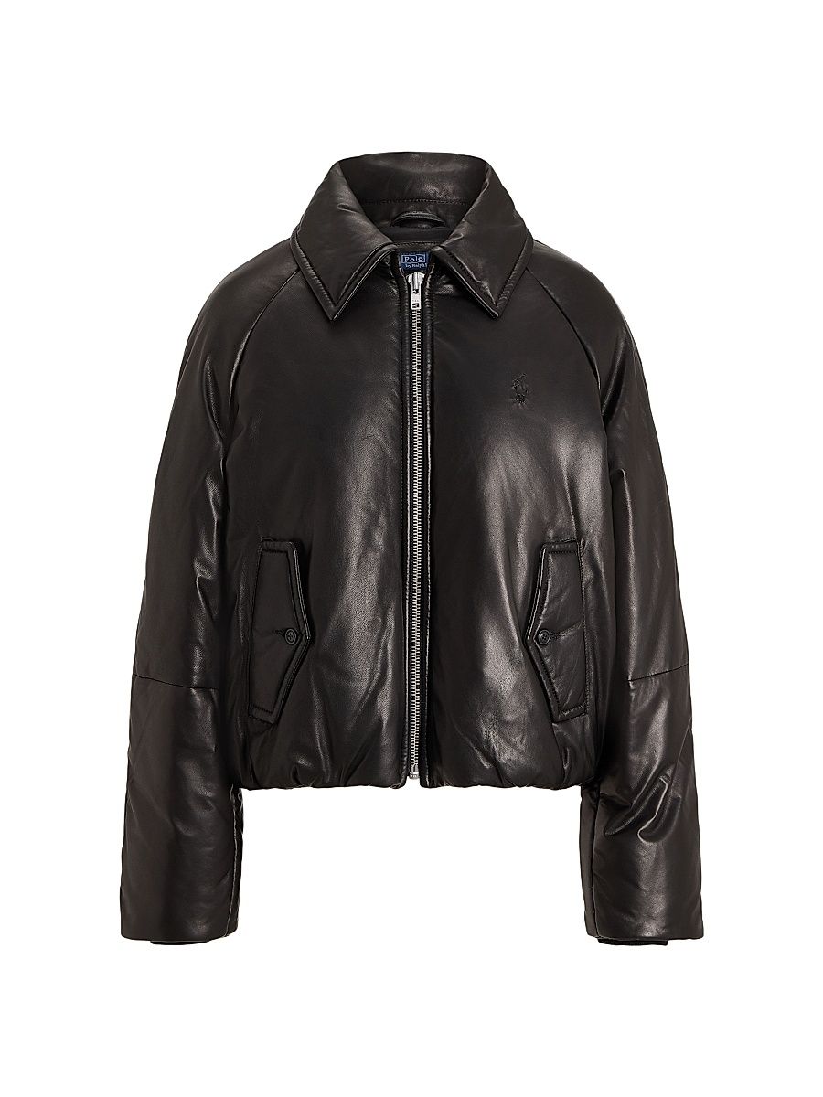 Women's Padded Leather Bomber Jacket - Polo Black - Size Medium