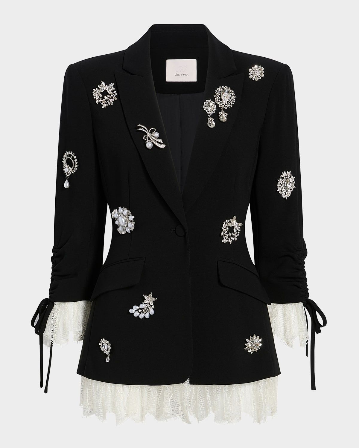 Roxie Crystal Brooch Blazer with Lace Trim