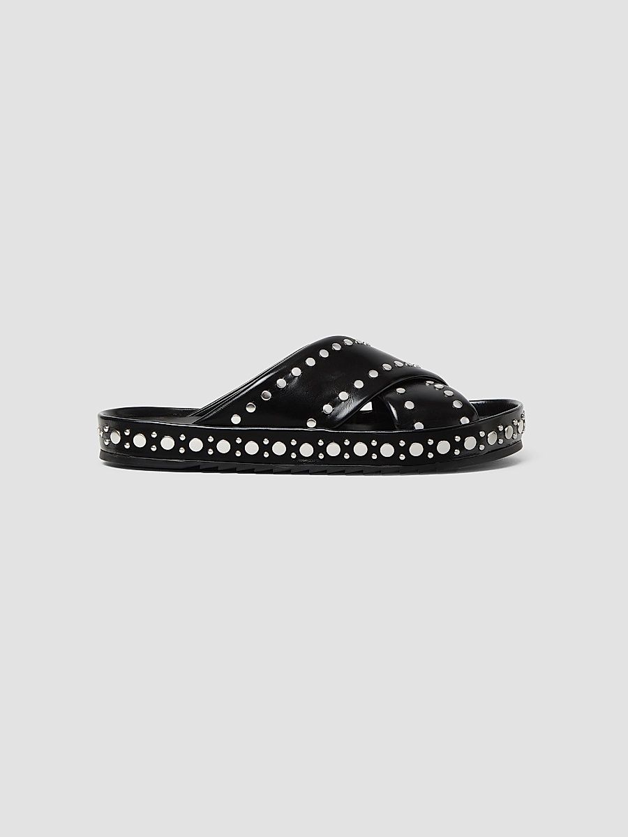 Men's Double Leather Studded Crisscross-Strap Slides - Nero Palladio - Size 10 Sandals