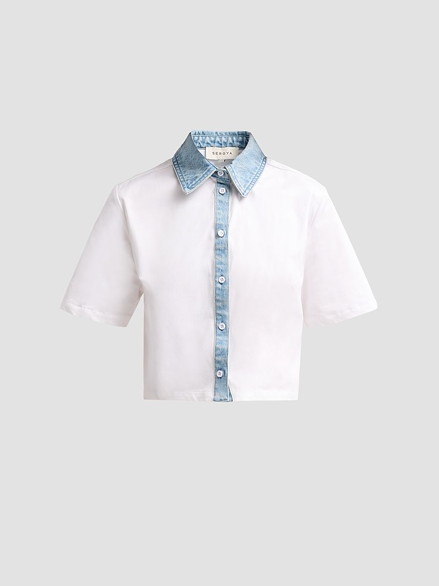 Women's Kelsie Stretch-Cotton Denim-Trim Top - White Coastline - Size XS