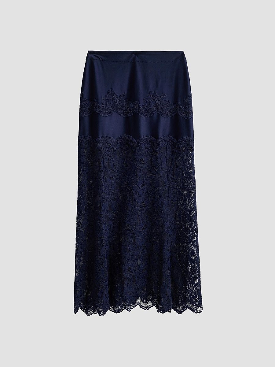 Rabanne Women's Lace Satin Midi Skirt - Deep Navy - Size 14