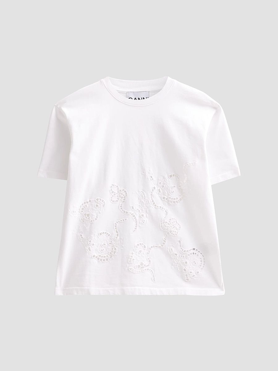 Women's Embroidered Anglais Cotton Jersey T-Shirt - Bright White - Size XL