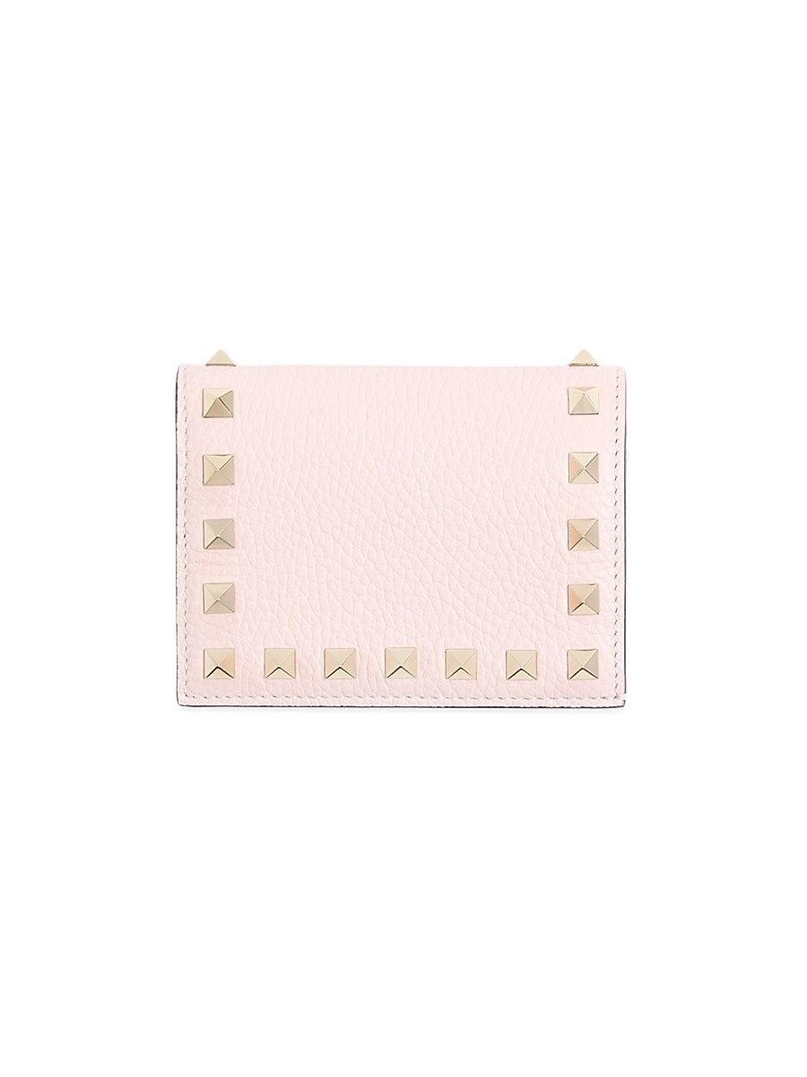Women's Small Rockstud Grainy Calfskin Leather Wallet - Pink