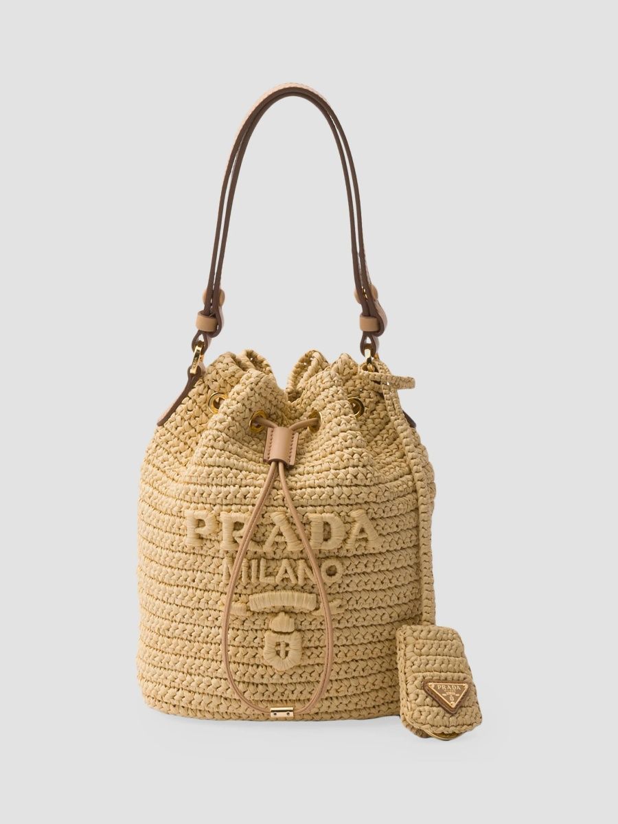 Prada Women's Crochet and Leather Mini-Bucket Bag - Beige Khaki