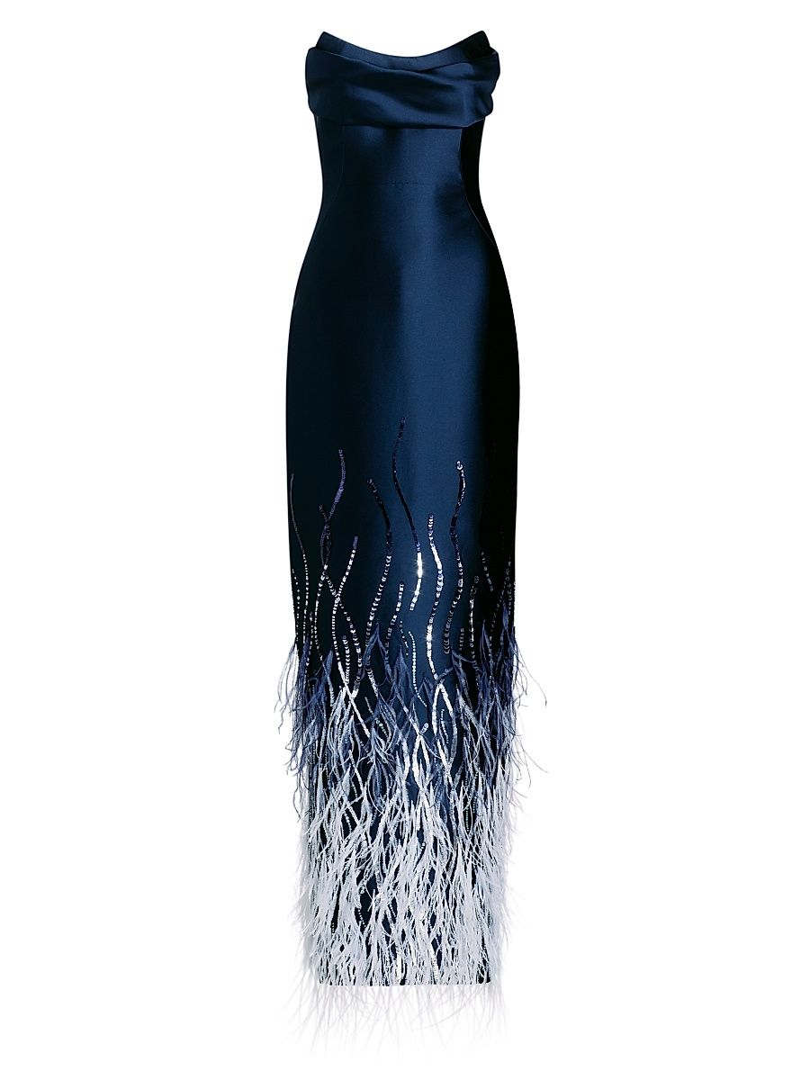 Women's Beaded Feather Satin Strapless Gown - Navy Multi - Size 8