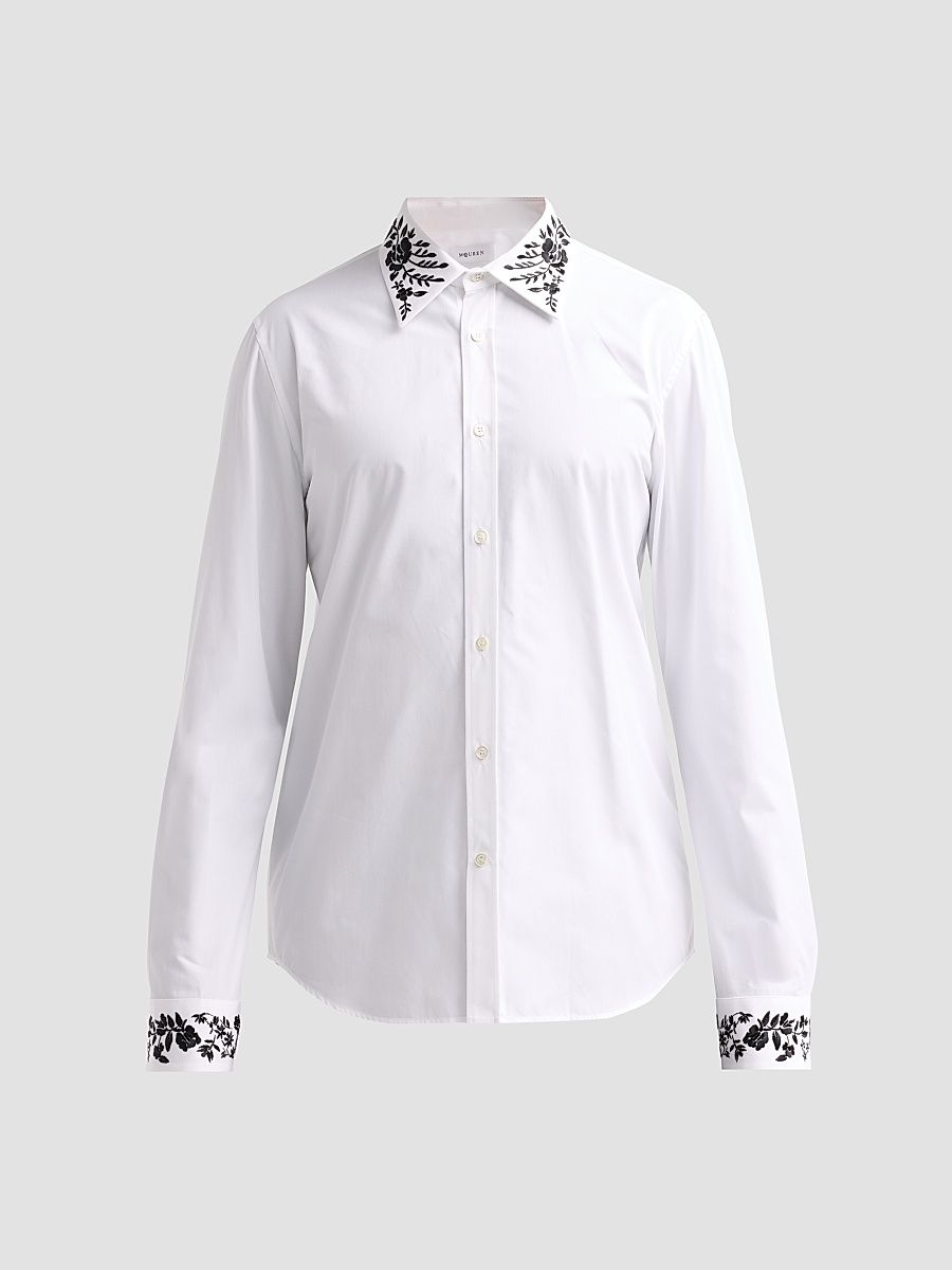 Men's Floral Embroidered Cotton Shirt - Optical White - Size 48