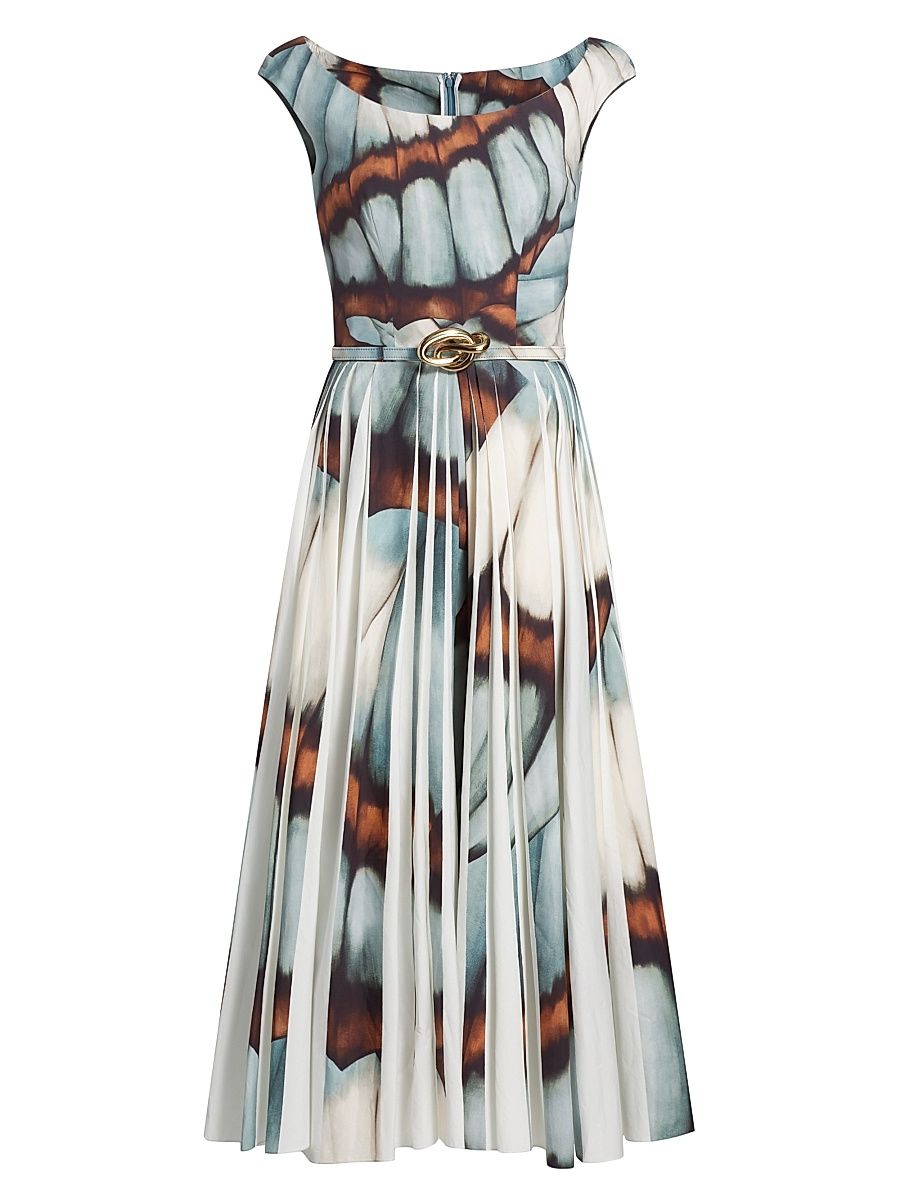 Women's Abstract Butterfly Cotton Poplin Dress - Blue Multi - Size 14