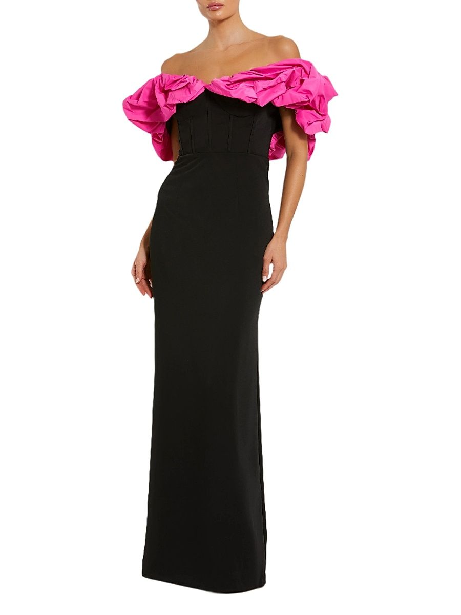 Women's Prom Crepe Off-The-Shoulder Column Gown - Black Hot Pink - Size 12